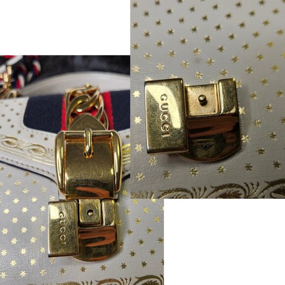 Authentic Gucci Sylvie Off White Colored Bag Gold Star Print- Authenticity Cert - Picture 7 of 17